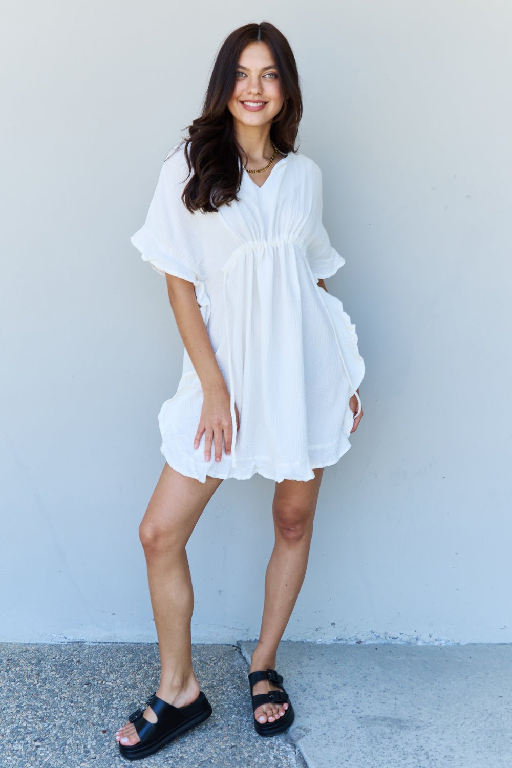 Out Of Time Ruffle Hem Dress with Drawstring Waistband in White - Mythical Kitty Boutique