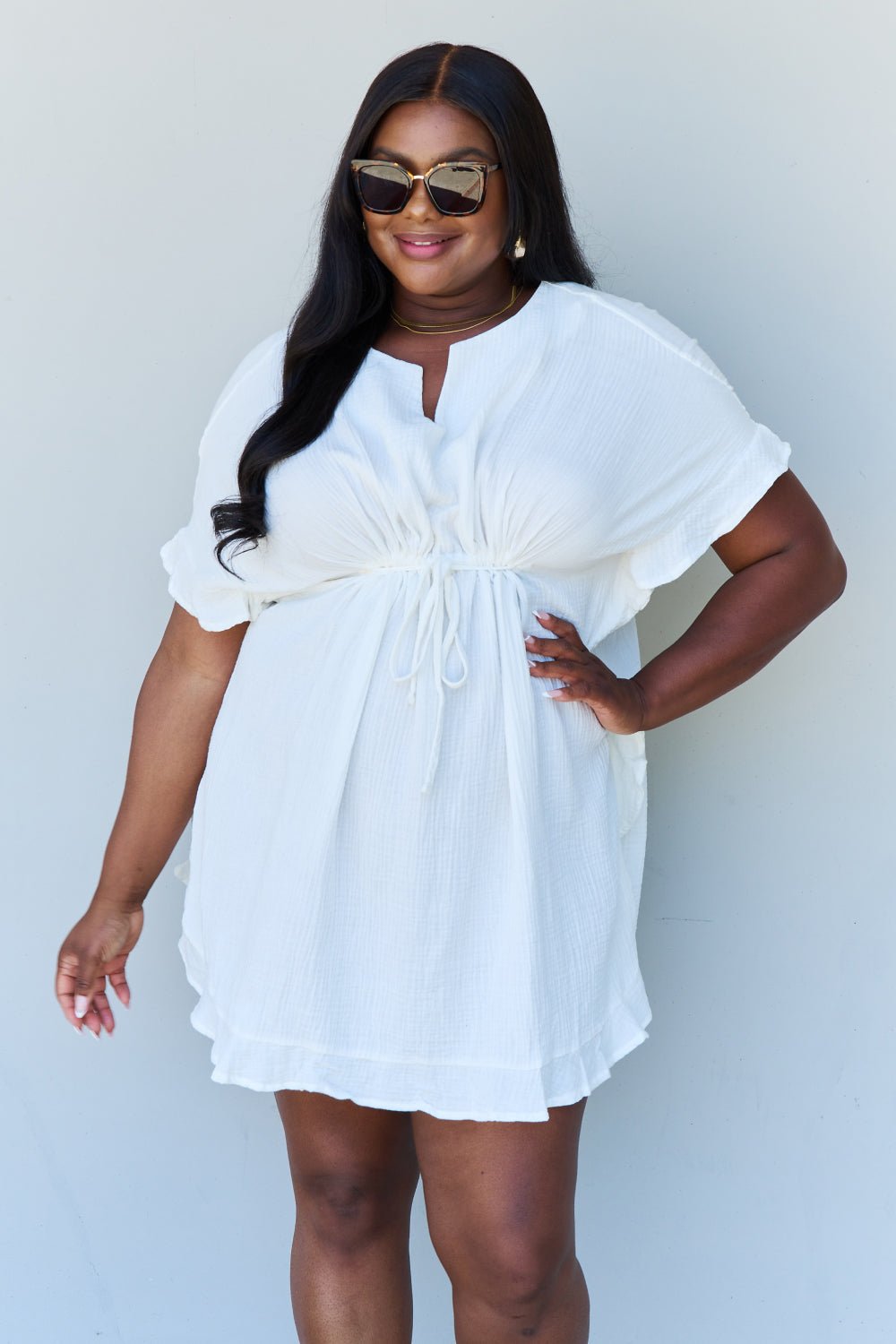 Out Of Time Ruffle Hem Dress with Drawstring Waistband in White - Mythical Kitty Boutique