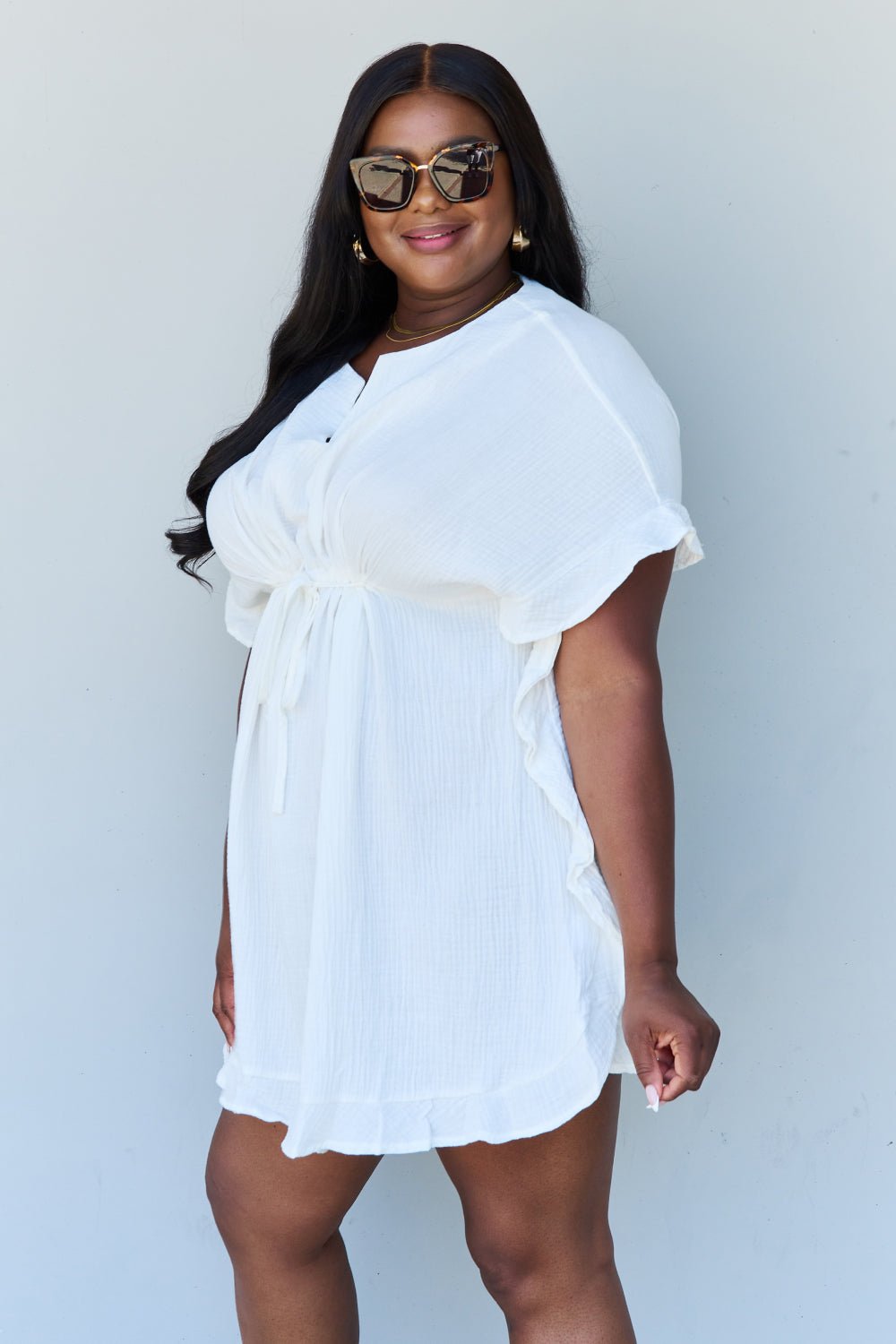 Out Of Time Ruffle Hem Dress with Drawstring Waistband in White - Mythical Kitty Boutique