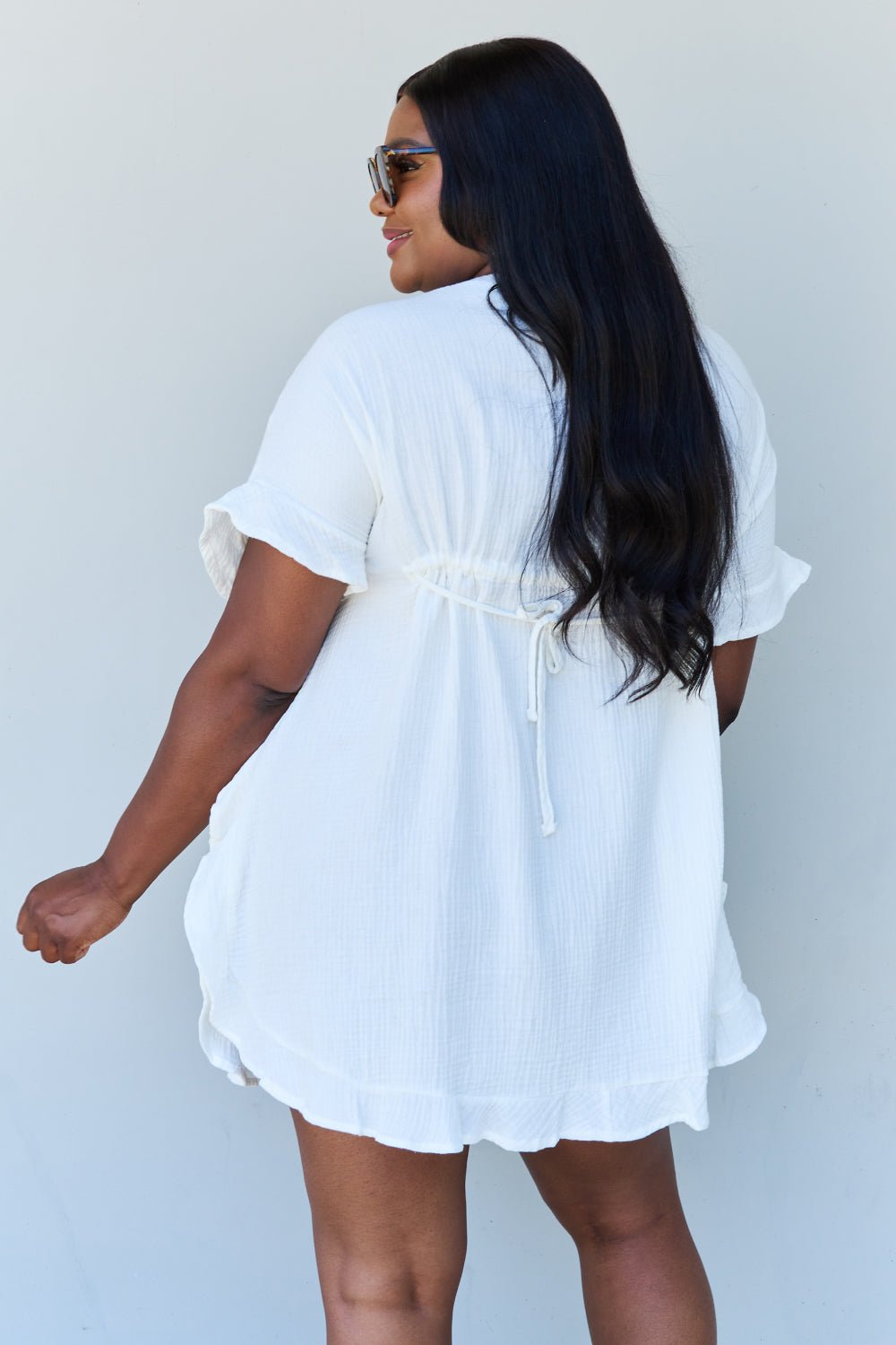 Out Of Time Ruffle Hem Dress with Drawstring Waistband in White - Mythical Kitty Boutique