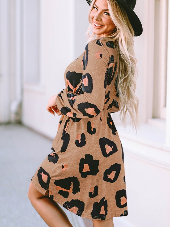 Printed Round Neck Long Sleeve Button-Up Dress - Mythical Kitty Boutique