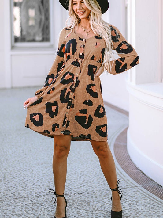 Printed Round Neck Long Sleeve Button-Up Dress - Mythical Kitty Boutique