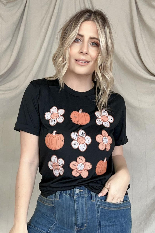 Pumpkin Flower Print Graphic Tee - Mythical Kitty Boutique