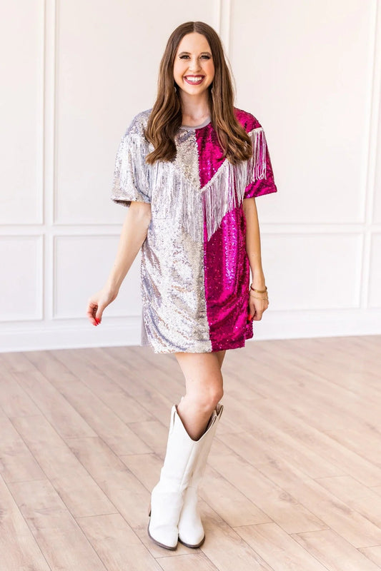 Putting On A Show Sequin Dress With Fringe - Mythical Kitty Boutique