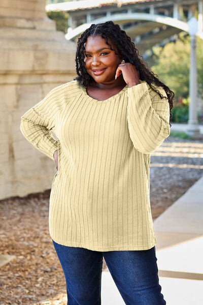 Ribbed Round Neck Long Sleeve Knit Top - Mythical Kitty Boutique