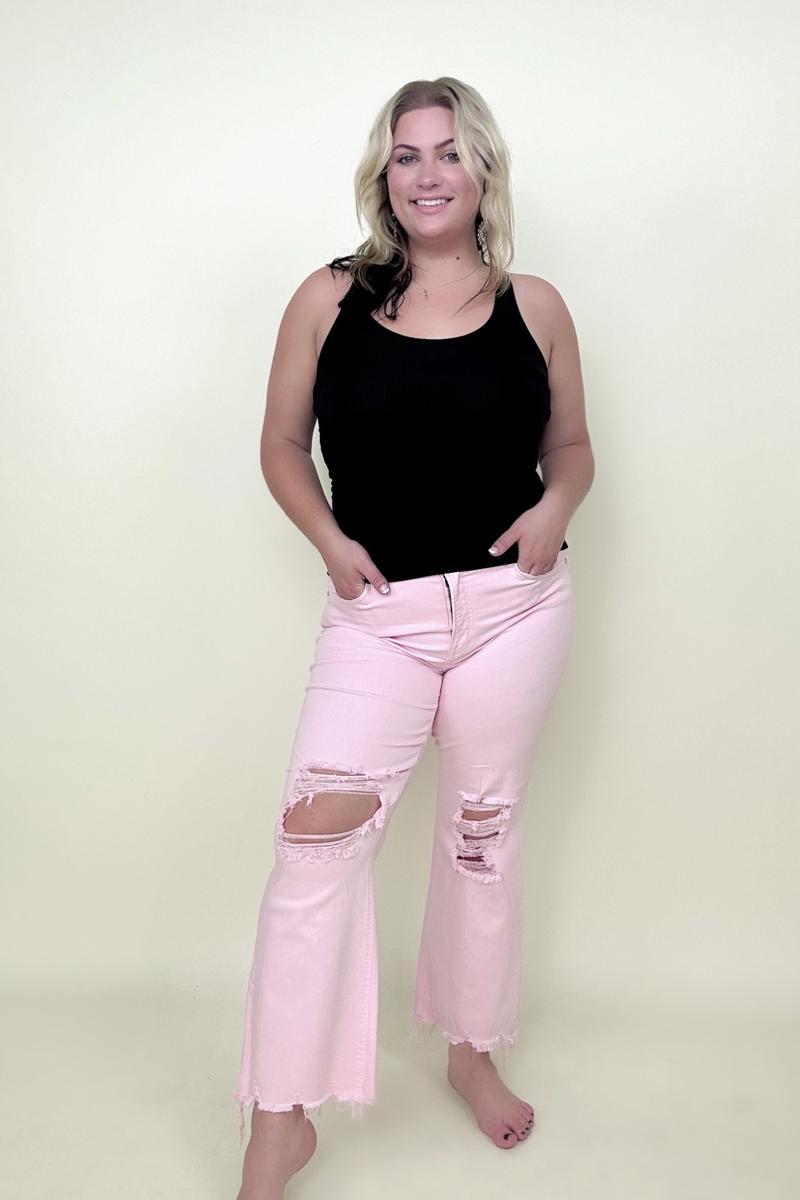 Risen Pink High Rise Distressed Kick-Flare Jeans - Mythical Kitty Boutique
