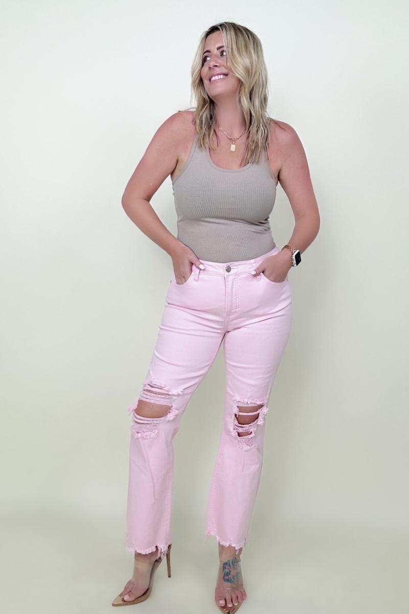 Risen Pink High Rise Distressed Kick-Flare Jeans - Mythical Kitty Boutique