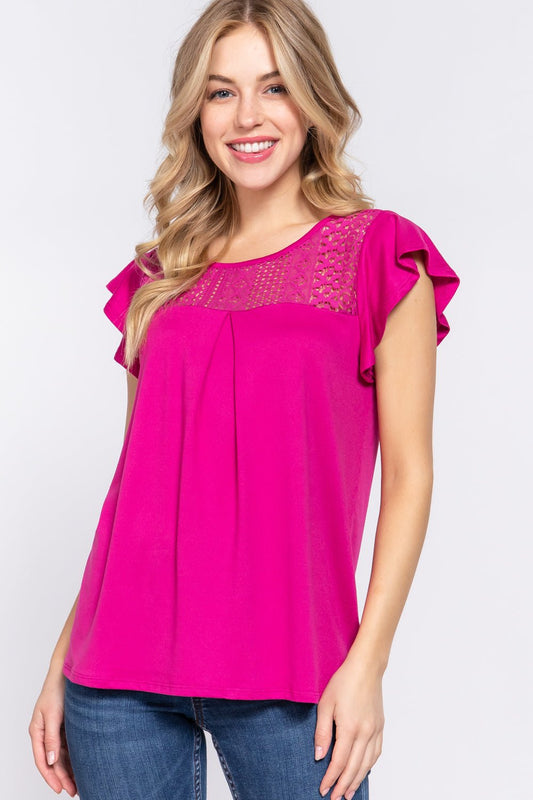 Ruffle Short Sleeve Lace Detail Knit Top - Mythical Kitty Boutique