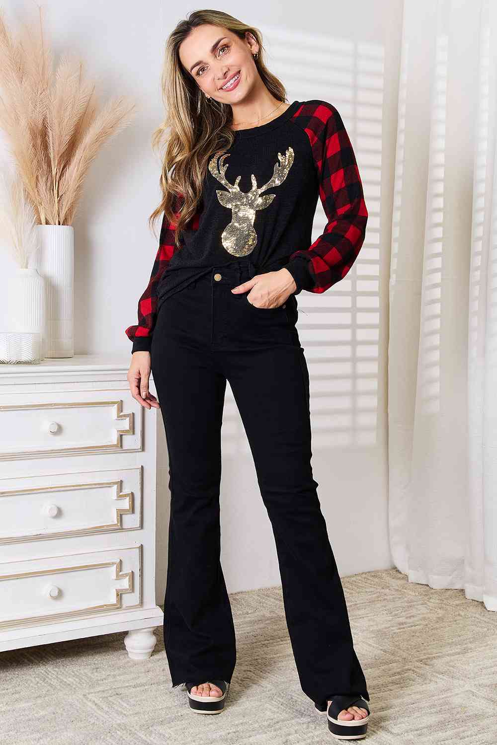 Sequin Reindeer Graphic Plaid Top - Mythical Kitty Boutique