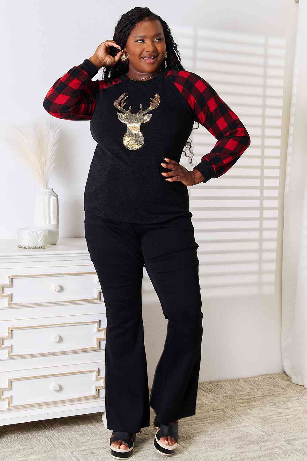 Sequin Reindeer Graphic Plaid Top - Mythical Kitty Boutique