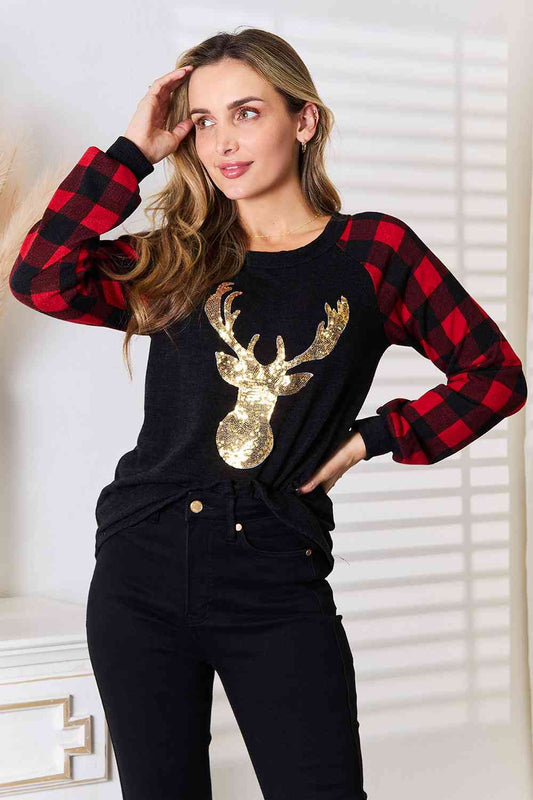 Sequin Reindeer Graphic Plaid Top - Mythical Kitty Boutique