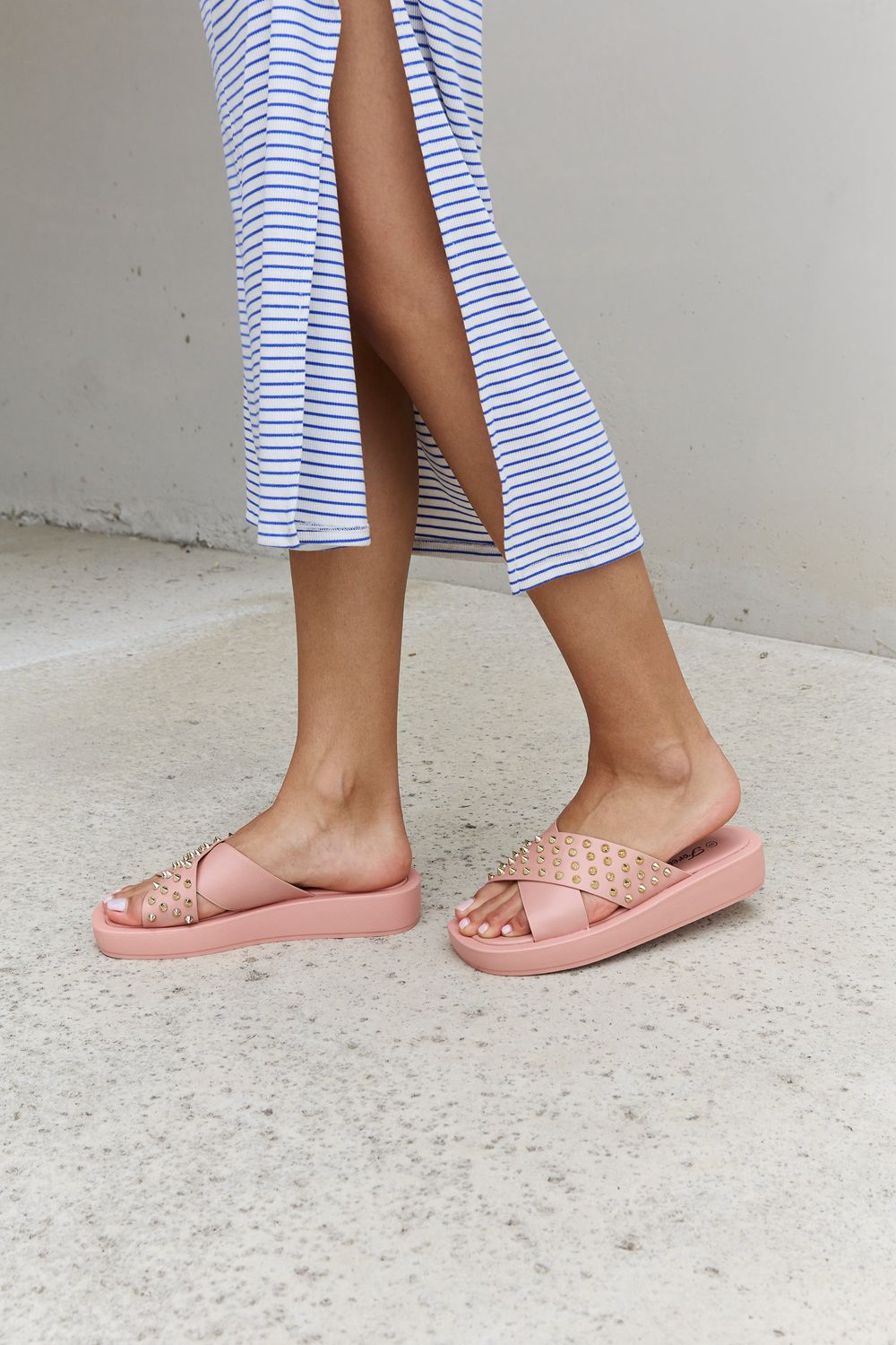 Studded Cross Strap Sandals in Blush - Mythical Kitty Boutique