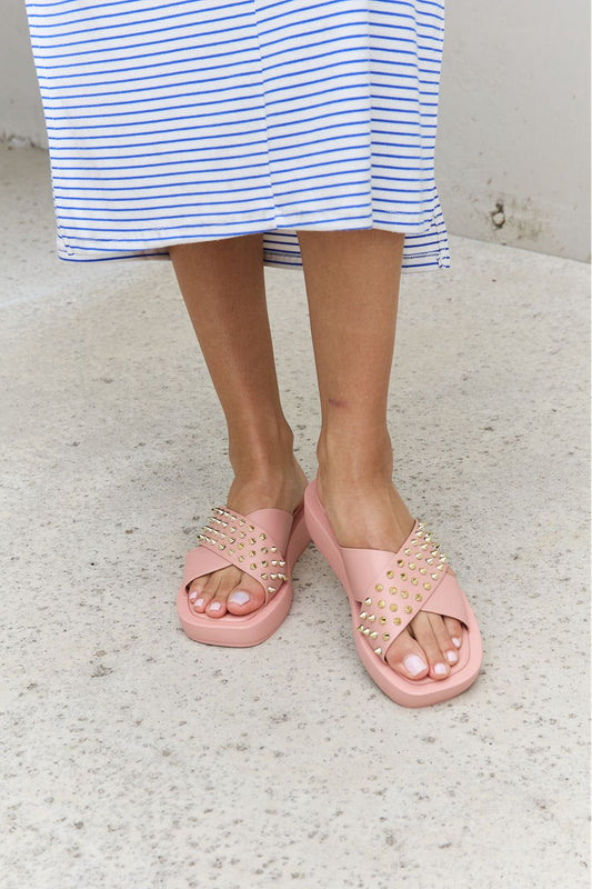 Studded Cross Strap Sandals in Blush - Mythical Kitty Boutique