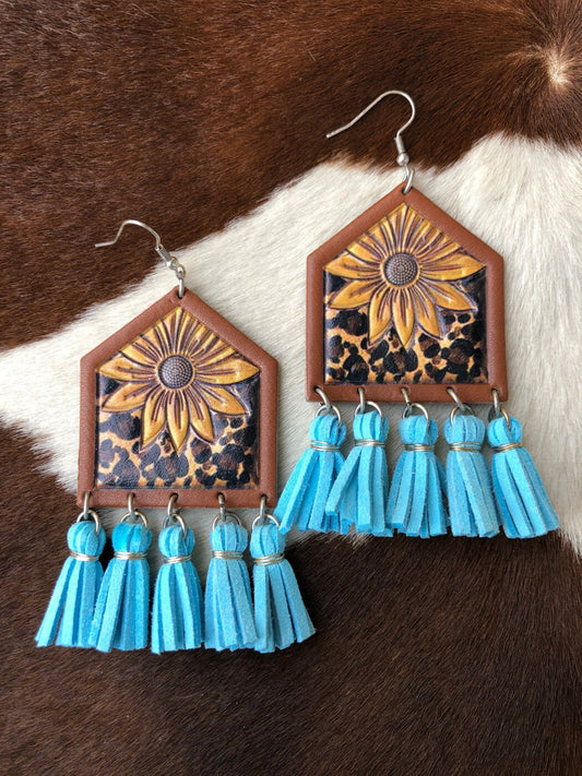 Sunflower & Cheetah Leather Tassel Earrings - Mythical Kitty Boutique
