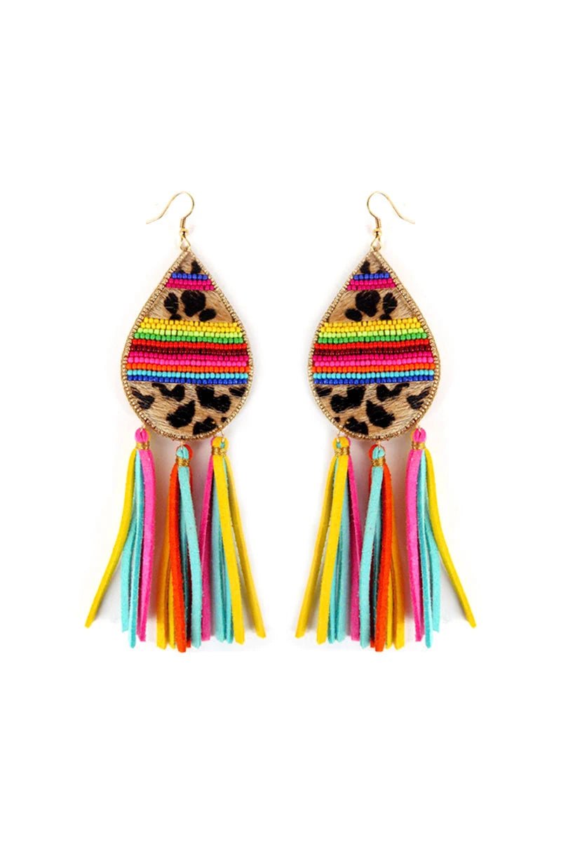 Teardrop Leopard Tassel Beaded Earrings - Mythical Kitty Boutique