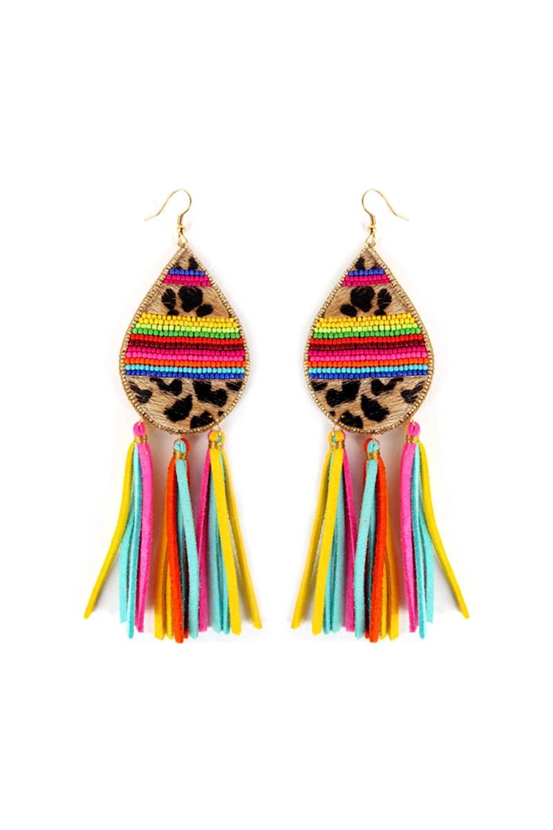 Teardrop Leopard Tassel Beaded Earrings - Mythical Kitty Boutique