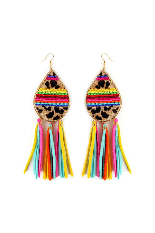 Teardrop Leopard Tassel Beaded Earrings - Mythical Kitty Boutique