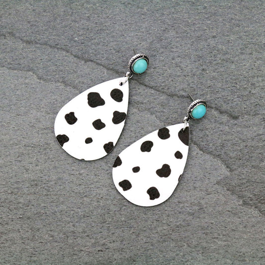 Turquoise Bead and Cow Faux Leather Teardrop Earrings - Mythical Kitty Boutique