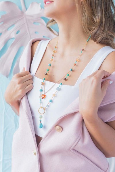 Turquoise Tassel Long Necklace and Earrings - Mythical Kitty Boutique