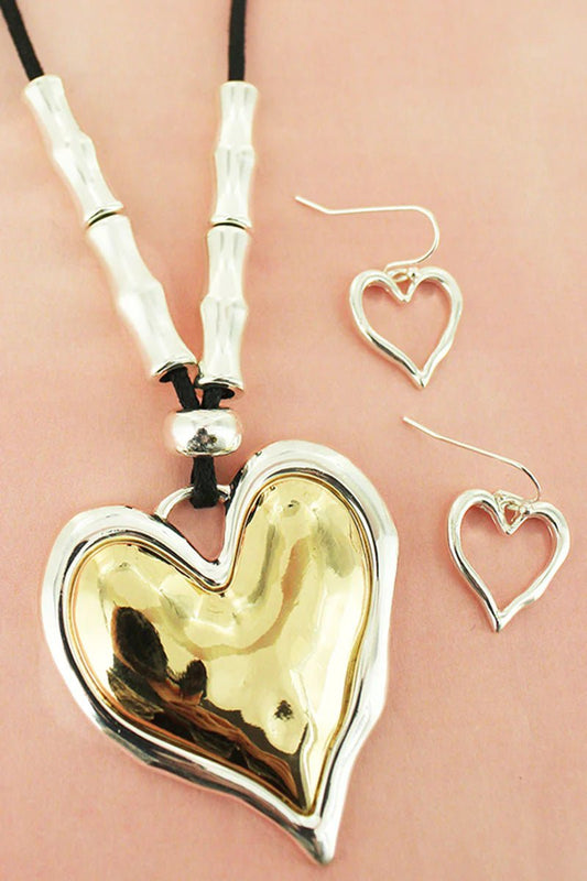 Two-Tone Hammered Heart Pendant Necklace and Earrings Set - Mythical Kitty Boutique
