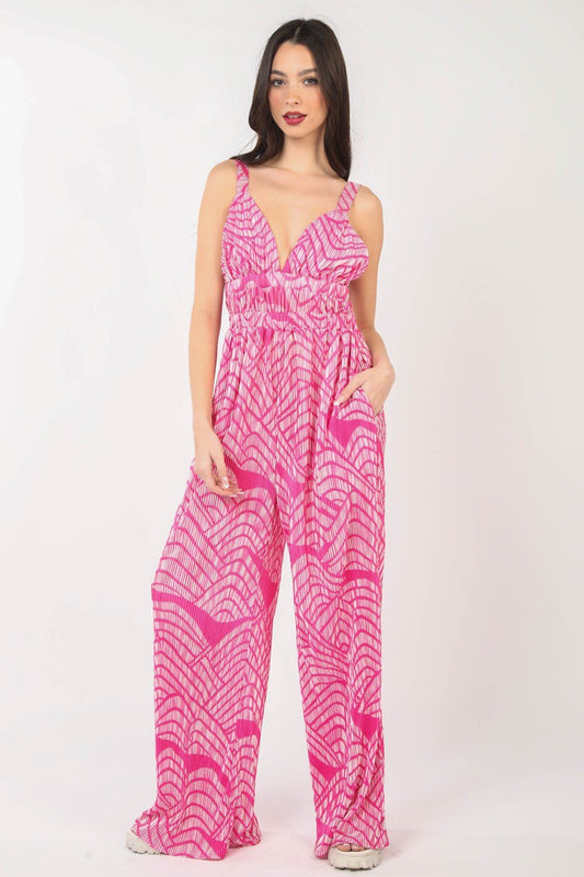 VERY J Printed Pleated Sleeveless Wide Leg Jumpsuit - Mythical Kitty Boutique