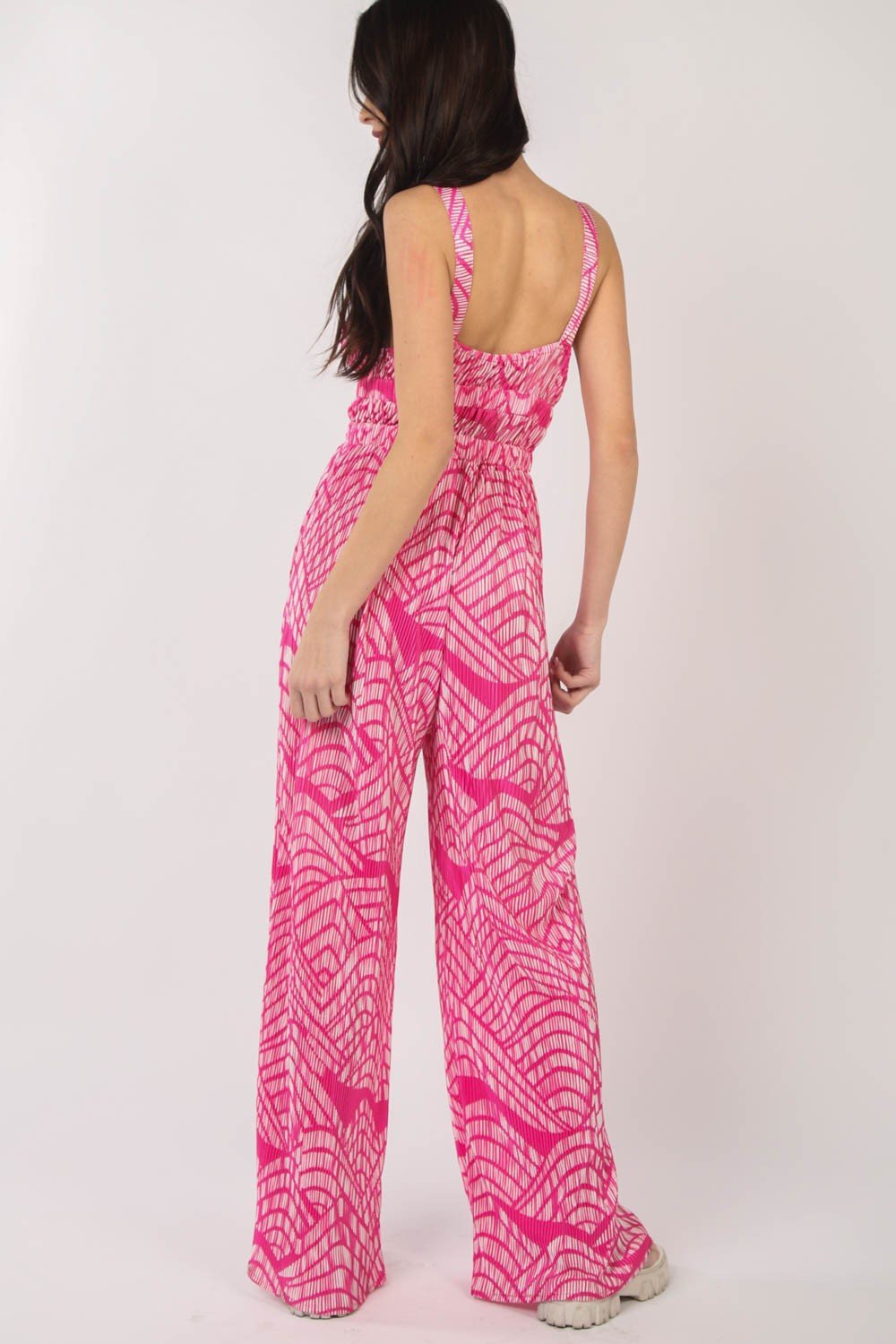 VERY J Printed Pleated Sleeveless Wide Leg Jumpsuit - Mythical Kitty Boutique