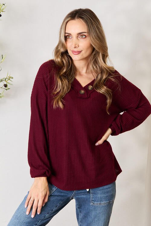 Zenana Buttoned V-Neck Long Sleeve Blouse - Mythical Kitty Boutique