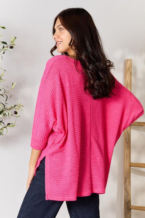 Zenana Round Neck High-Low Slit Knit Top - Mythical Kitty Boutique